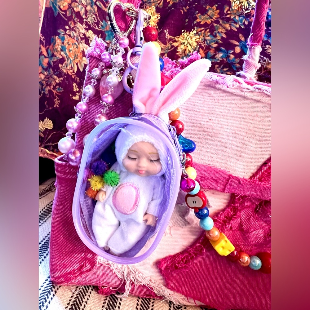 Adorable Purse Charm, Purple PVC Pouch with Bunny Doll, Colorful Beaded Chains